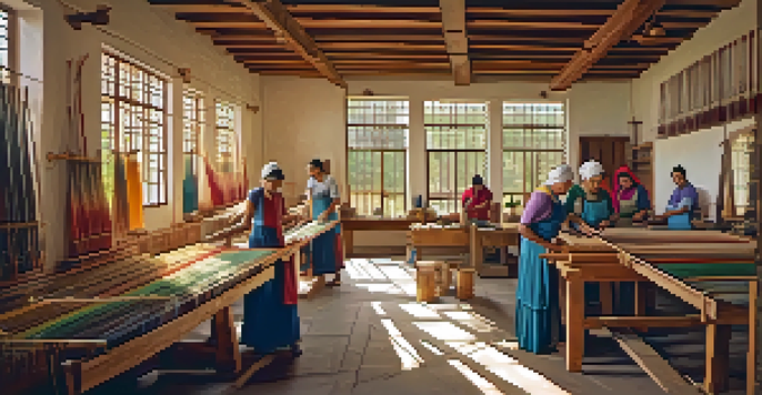 Artisans in a rural workshop collaboratively weaving textiles, surrounded by natural fibers and colorful threads.