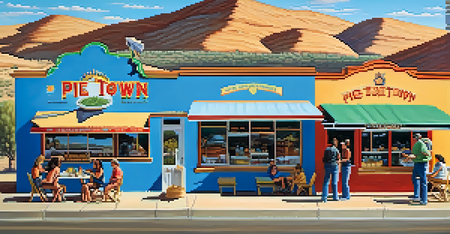 A colorful outdoor pie shop scene with a mural, customers enjoying pie at picnic tables, and a bright blue sky.