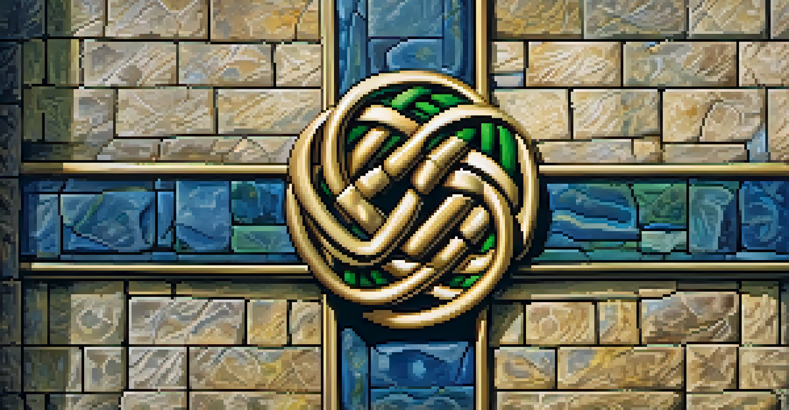 A colorful Celtic knot wall art piece displayed against a textured stone wall.