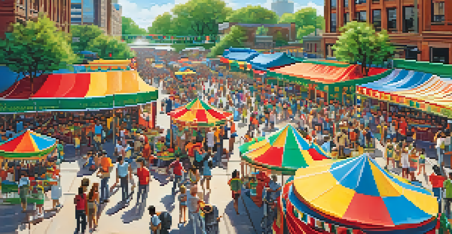 A lively cultural festival in Chicago, showcasing food stalls, live music, and people enjoying the vibrant atmosphere with colorful decorations.