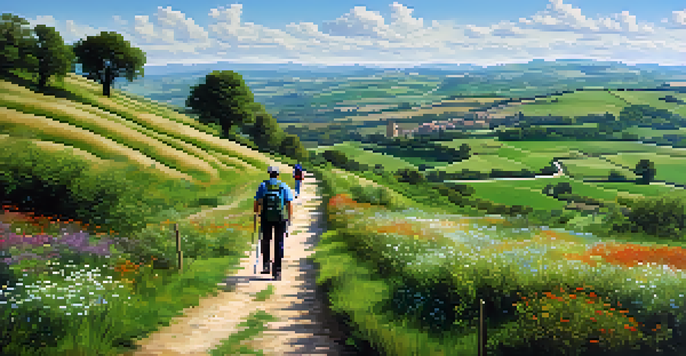 A peaceful scene of the Camino de Santiago with a winding path, green fields, wildflowers, medieval churches, and pilgrims walking.