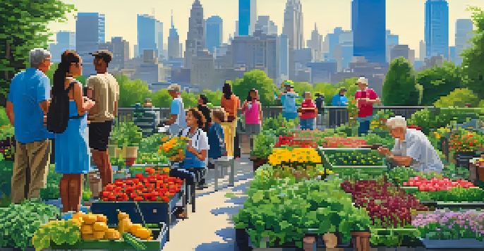 A lively urban garden tour with diverse participants exploring colorful community gardens in a city, with buildings in the background.