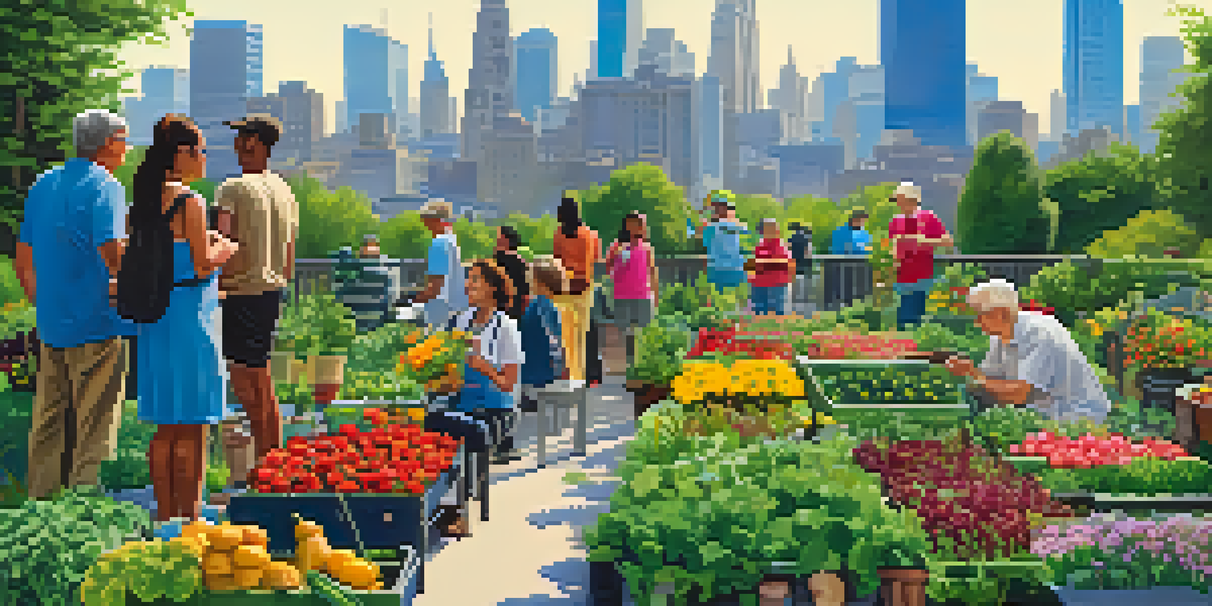 A lively urban garden tour with diverse participants exploring colorful community gardens in a city, with buildings in the background.
