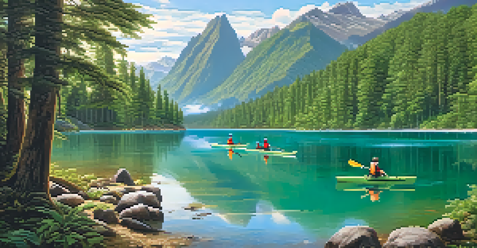 A serene lake surrounded by mountains and forests, with travelers kayaking and a local guide highlighting nature.