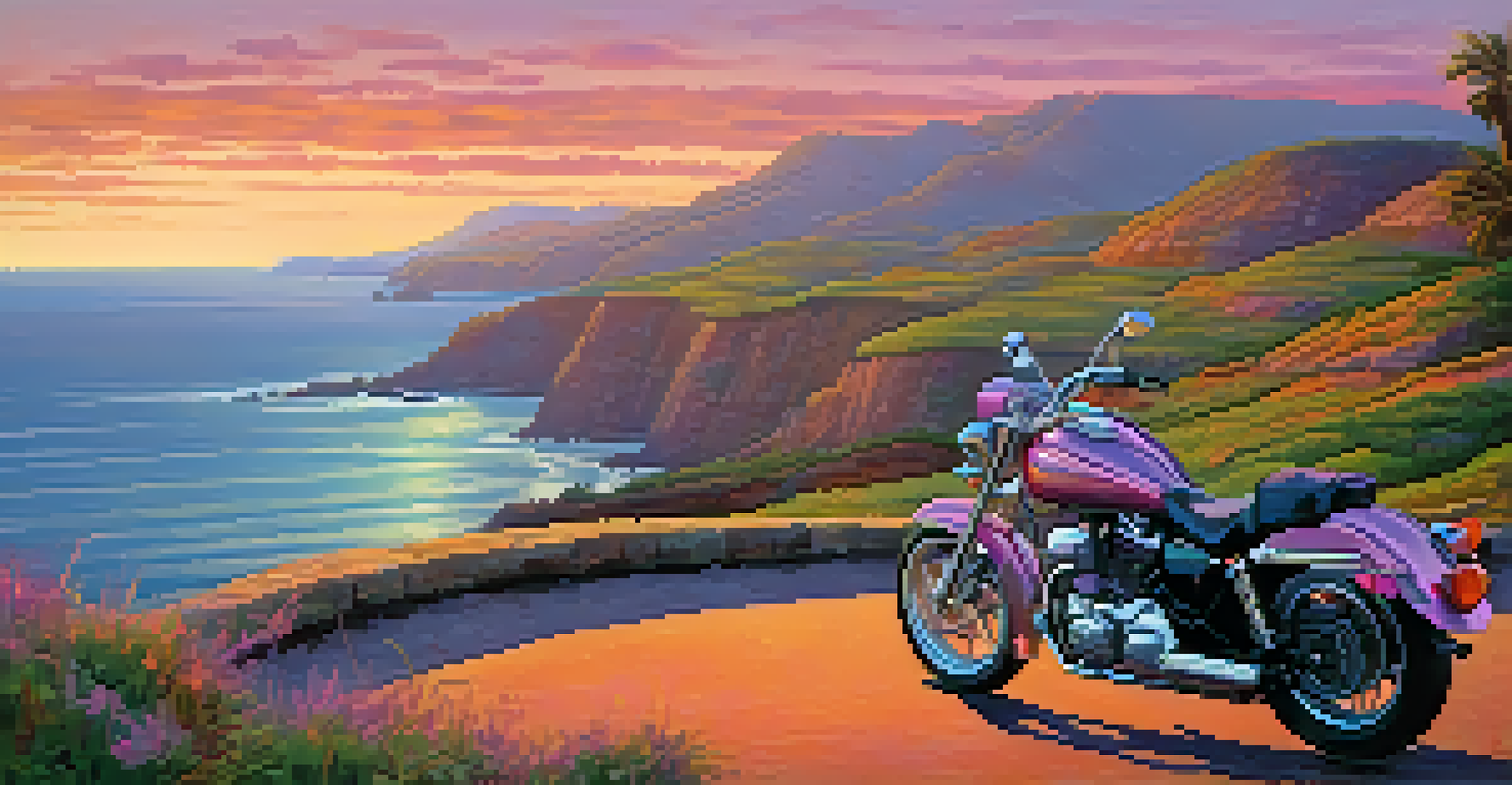 A motorcycle parked on a winding coastal road at sunset, with vibrant colors in the sky and ocean waves below.
