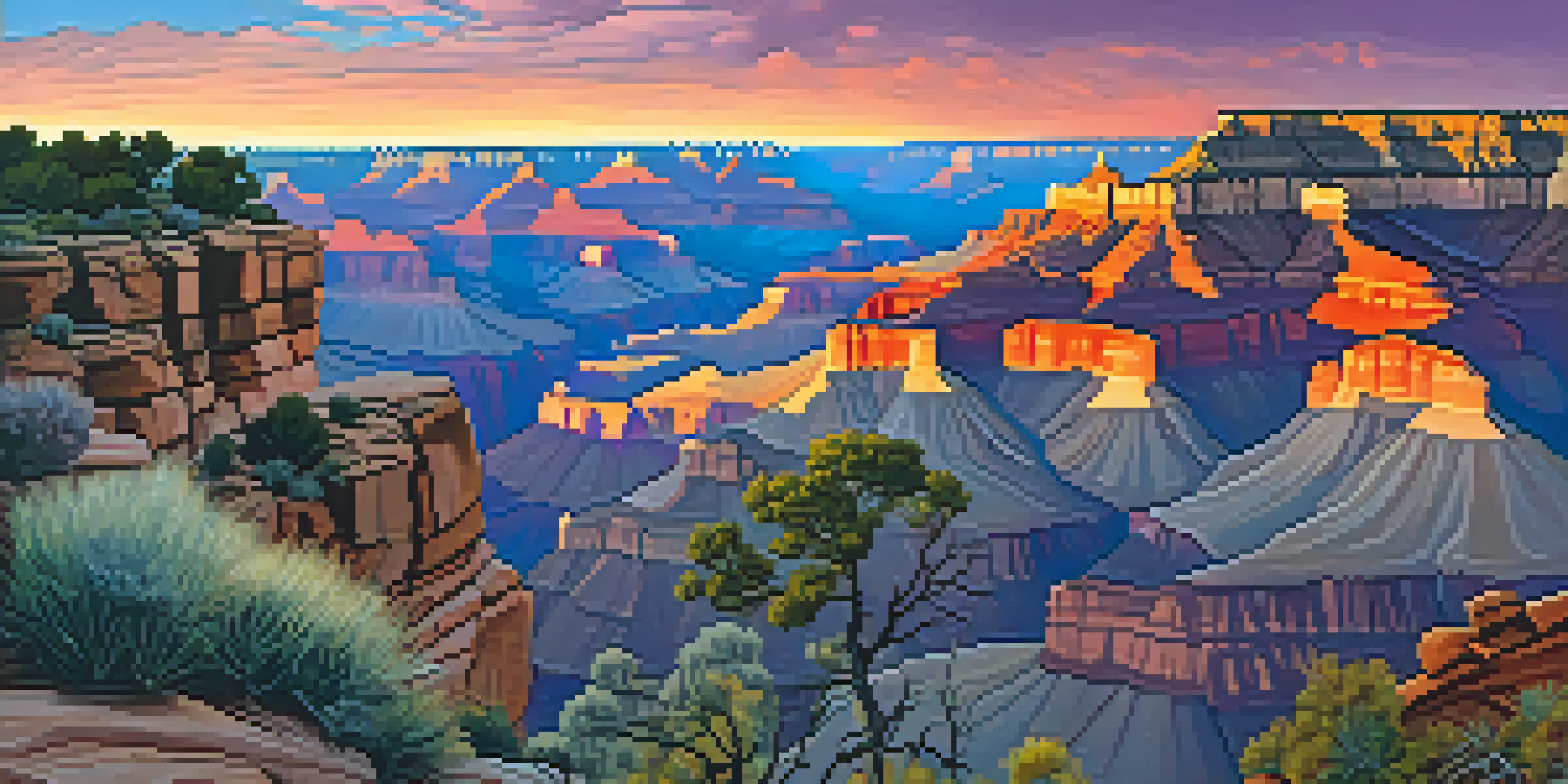 A scenic view of the Grand Canyon during sunset, with colorful skies and illuminated rock formations.