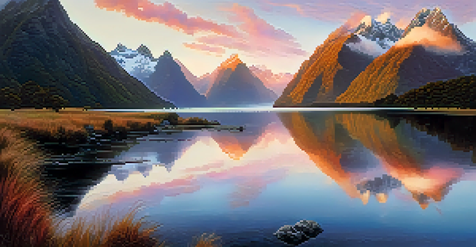 A breathtaking sunrise over Fiordland National Park, highlighting mountains and calm waters with mist.
