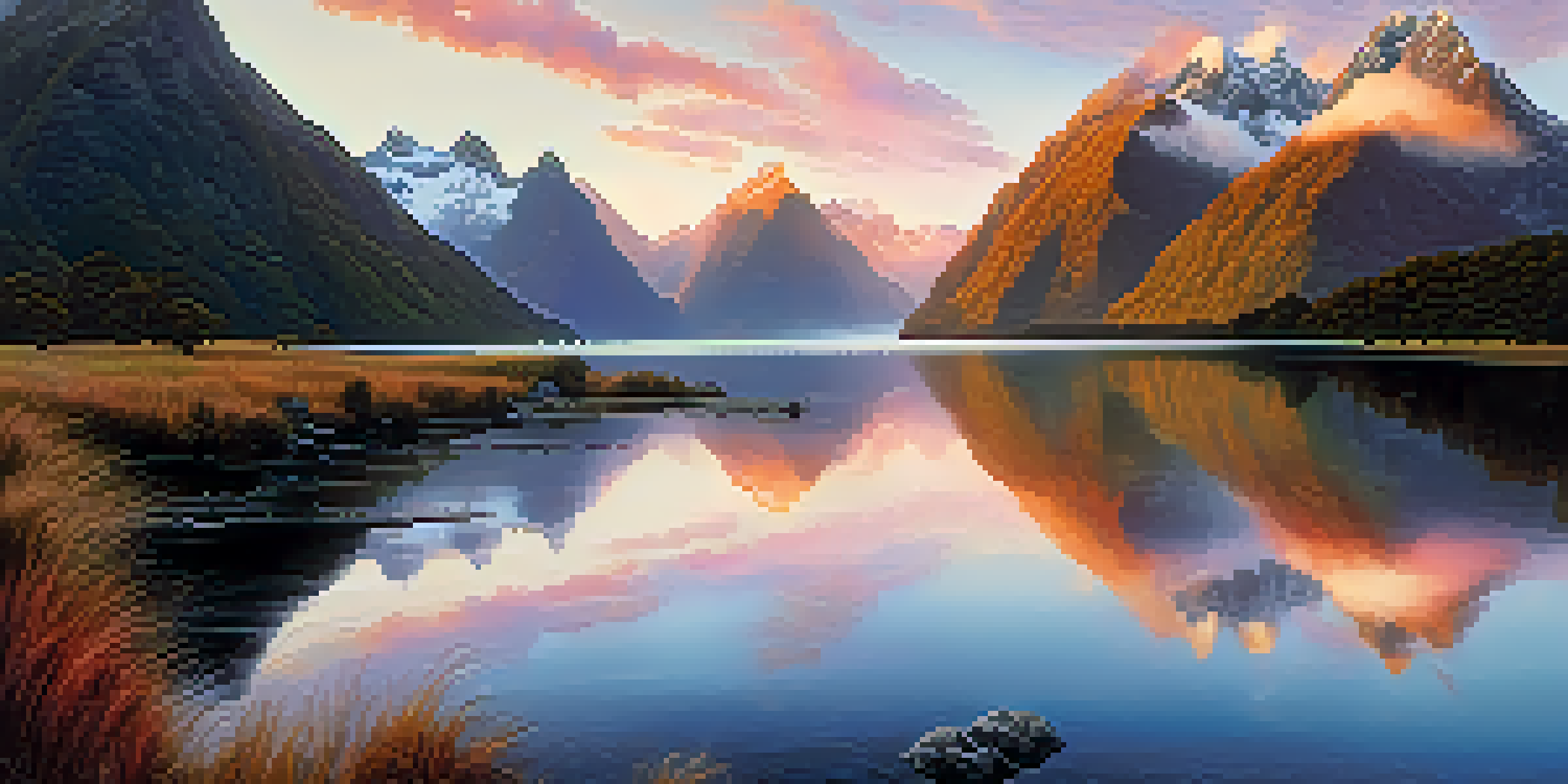 A breathtaking sunrise over Fiordland National Park, highlighting mountains and calm waters with mist.