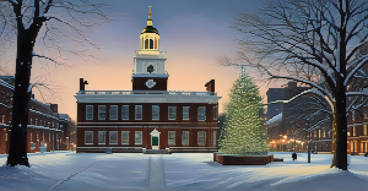 A winter evening scene of Independence Hall with snow falling, warm lights glowing from the windows, and the Liberty Bell in the foreground.