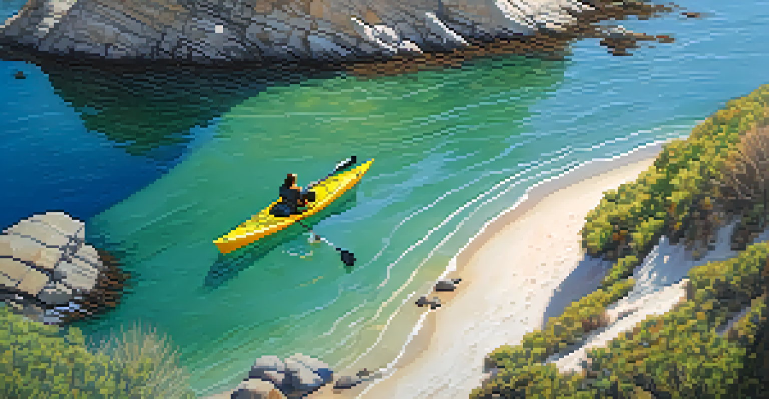 An overhead view of a kayaker in a winding inlet, with sparkling water and sandy beaches, surrounded by rocky cliffs.