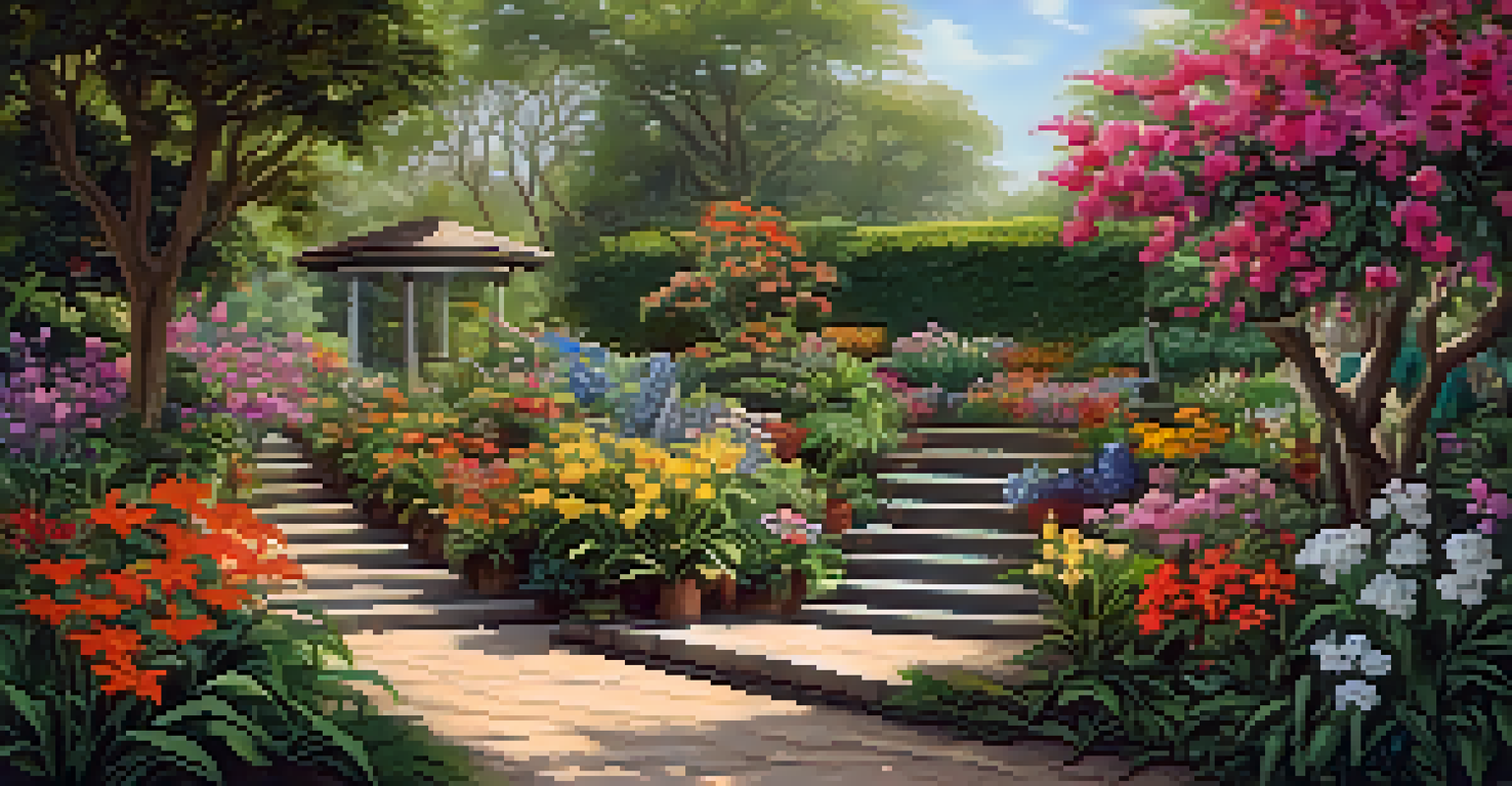 A colonial garden with exotic flowers, greenery, and a wooden bench under a flowering tree.