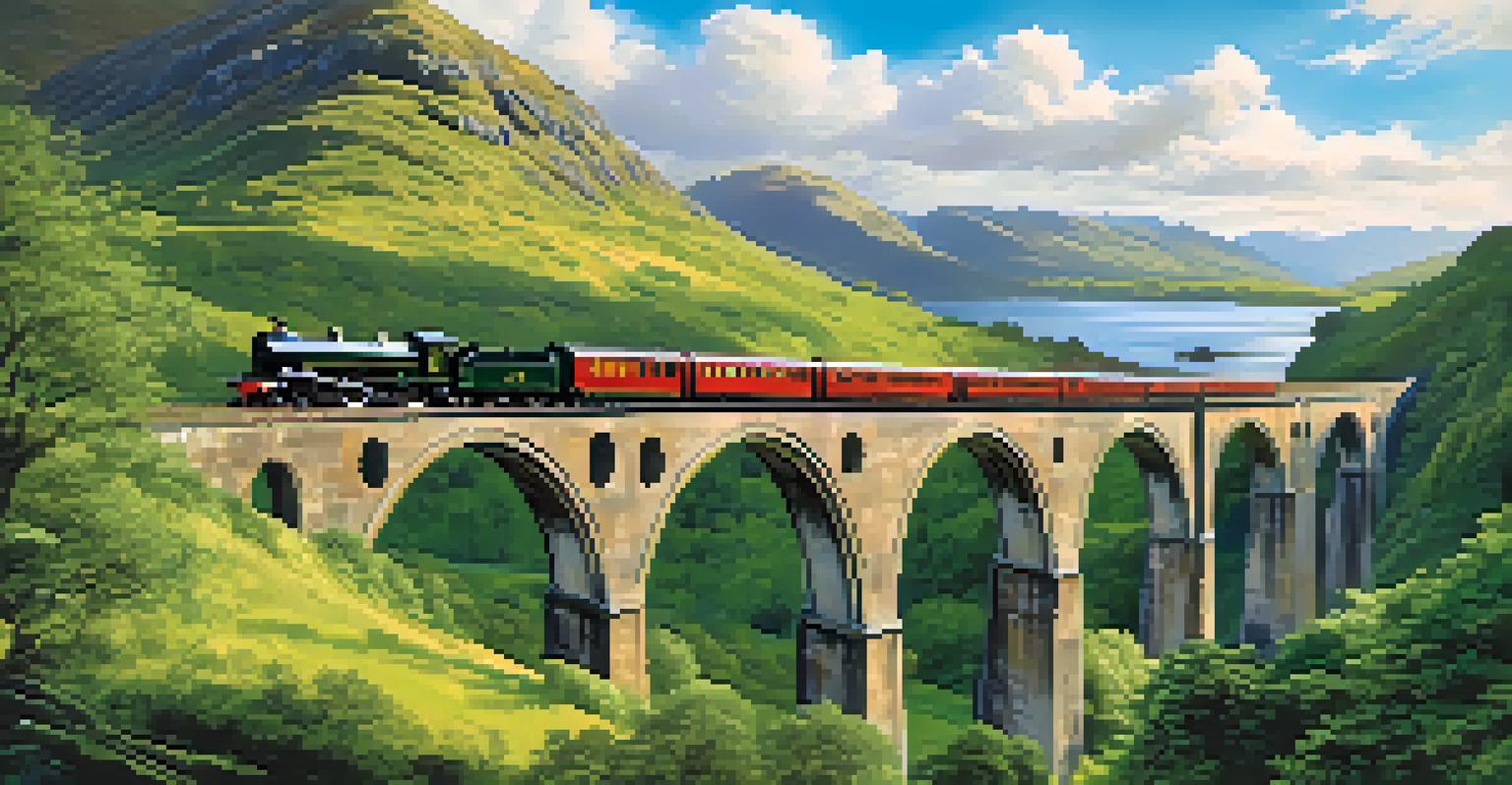 The Glenfinnan Viaduct with the Hogwarts Express crossing over, surrounded by green hills and a tranquil loch under a blue sky.