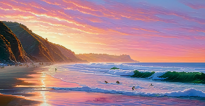 A beautiful sunset at Malibu Beach with surfers on the waves and cliffs in the background.
