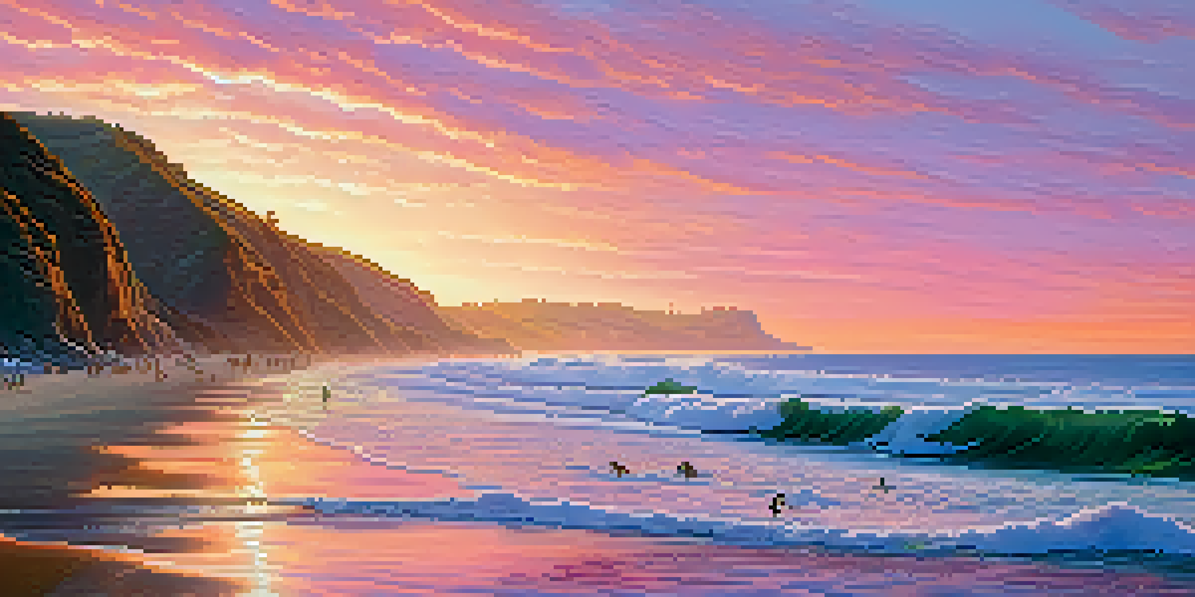 A beautiful sunset at Malibu Beach with surfers on the waves and cliffs in the background.