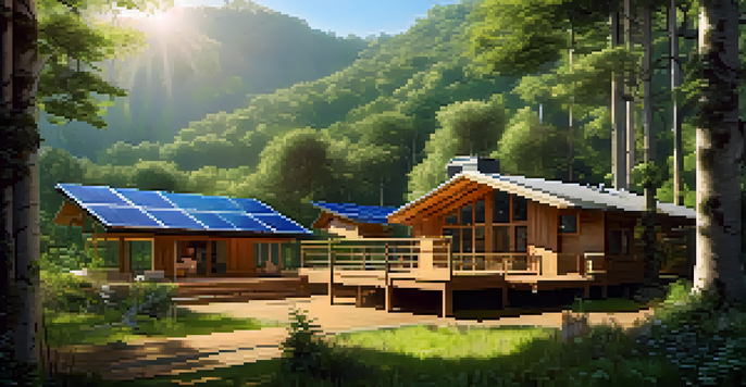 An eco-lodge surrounded by a lush green forest, featuring solar panels and a vegetable garden, with sunlight filtering through the trees.