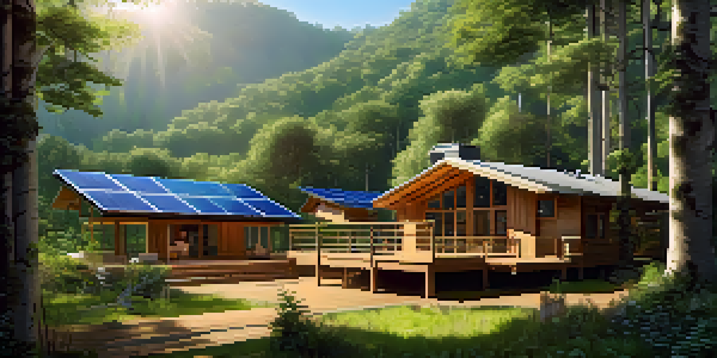 An eco-lodge surrounded by a lush green forest, featuring solar panels and a vegetable garden, with sunlight filtering through the trees.
