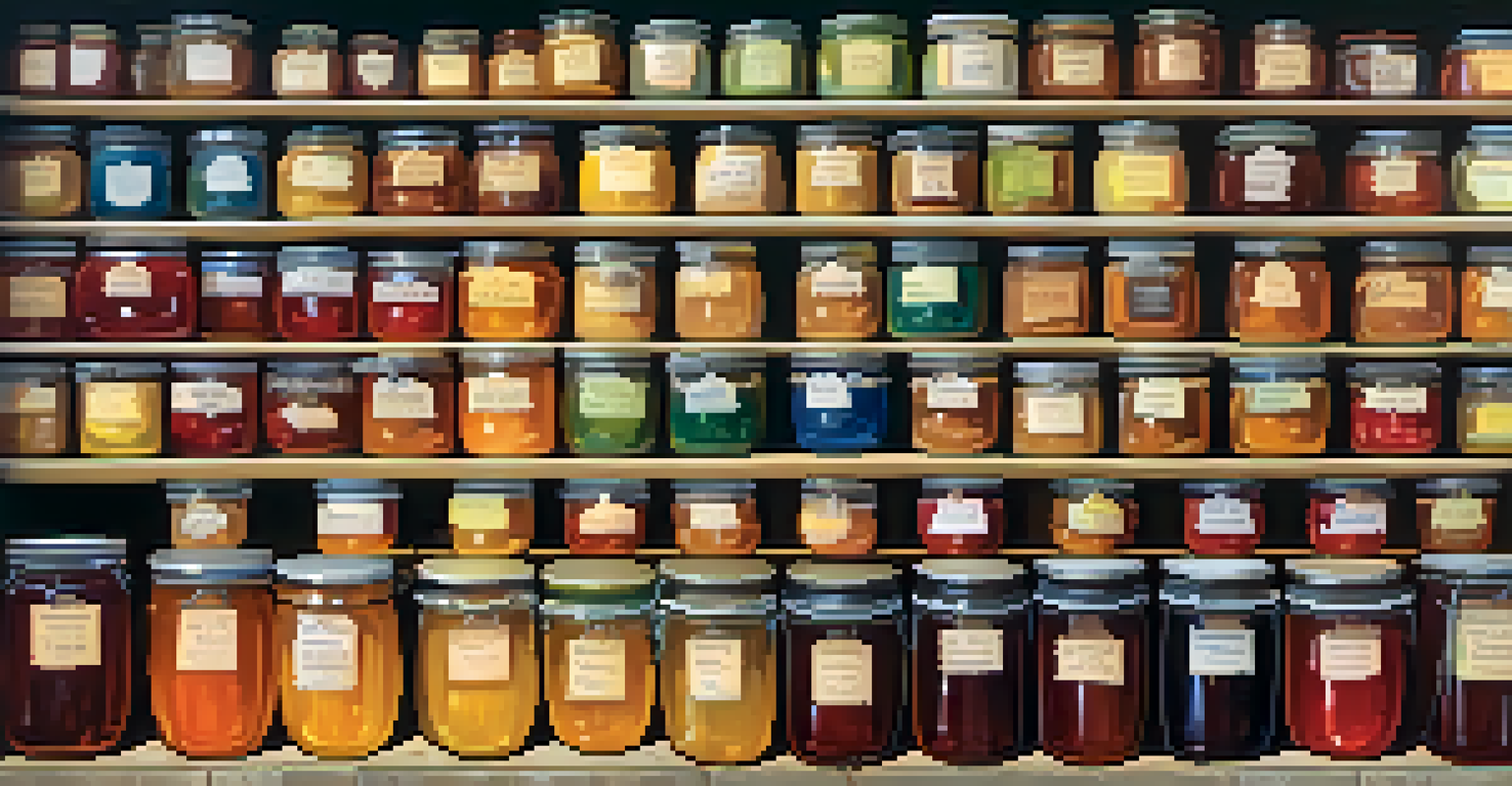 A close-up view of a vendor's stall featuring colorful jars of handcrafted jams and honey, beautifully arranged under soft lighting.