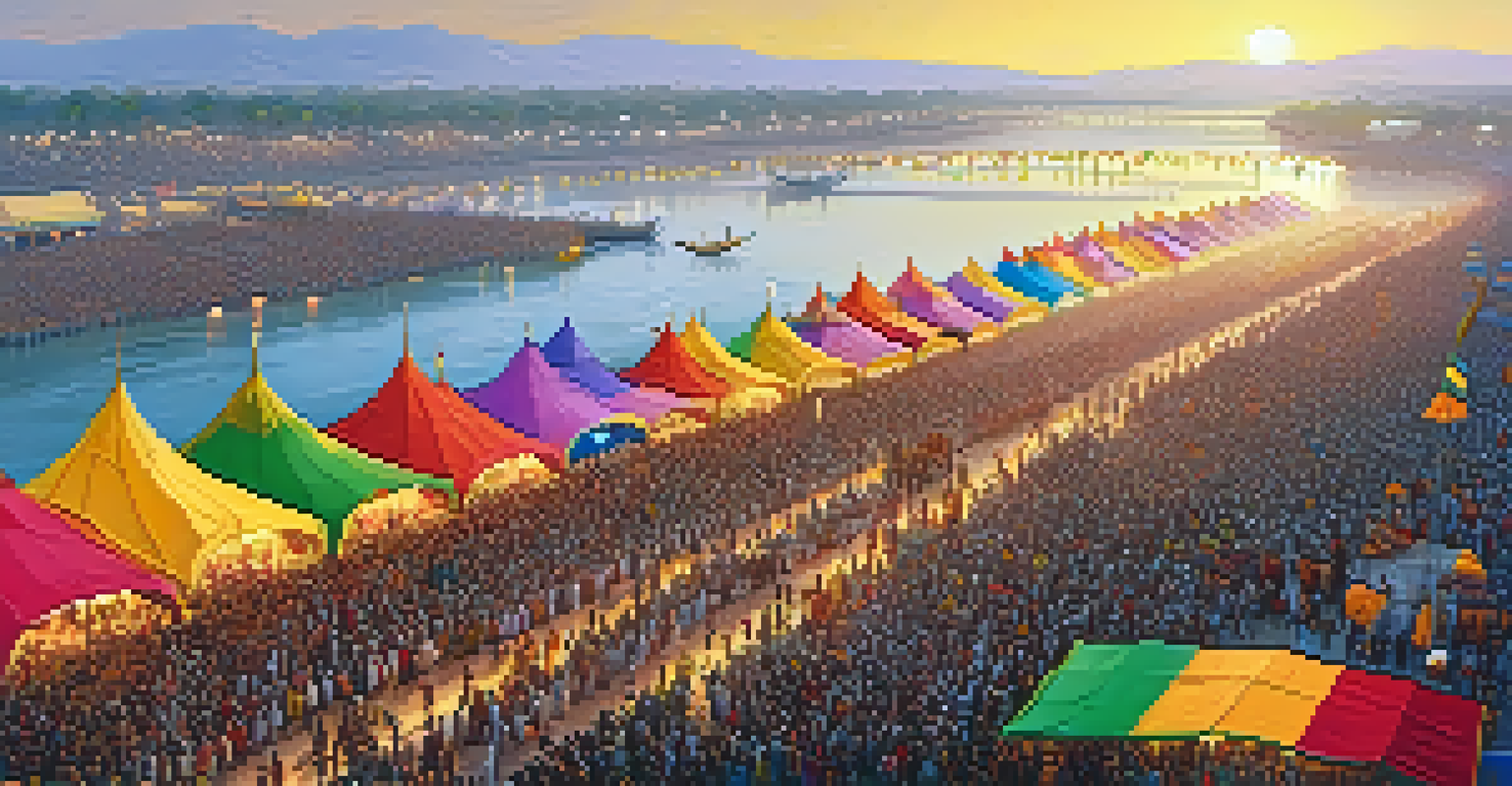 Aerial view of Kumbh Mela festival, showcasing colorful tents, pilgrims, and rituals by the river at sunrise.