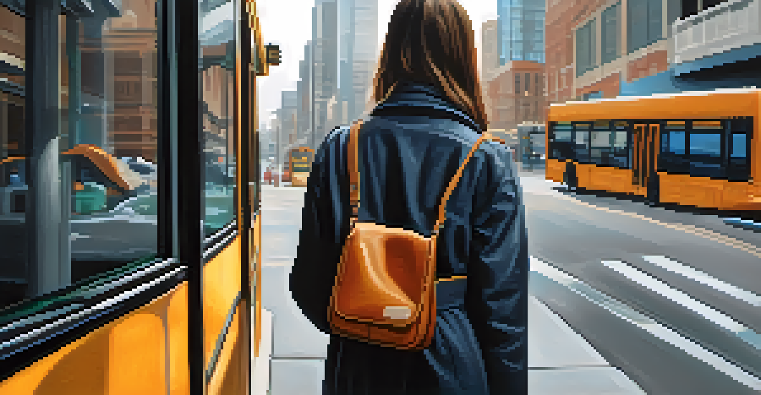 A person holding a crossbody bag securely while waiting for a bus in a city.