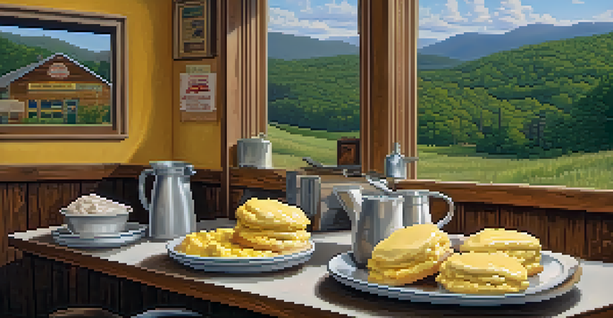A warm plate of biscuits and gravy served in a rustic diner, with scrambled eggs and Appalachian mountains visible through a window.
