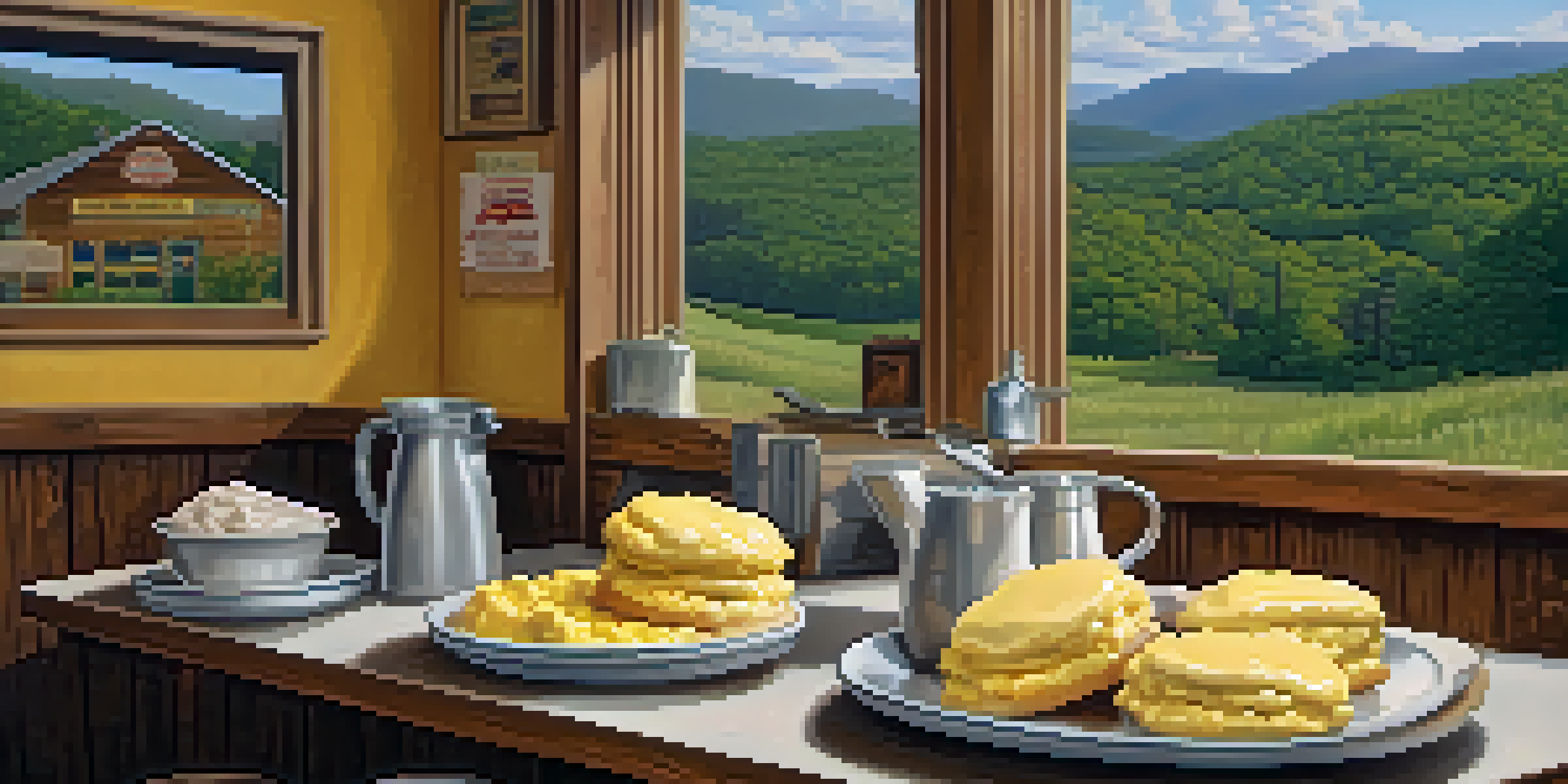 A warm plate of biscuits and gravy served in a rustic diner, with scrambled eggs and Appalachian mountains visible through a window.
