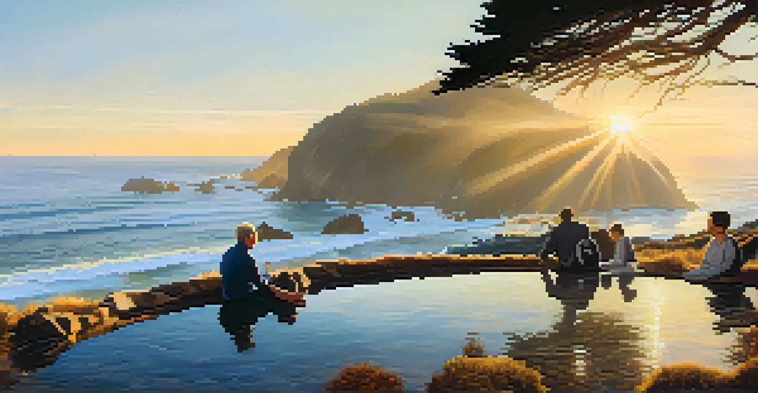 People relaxing in a natural hot spring at the Esalen Institute, overlooking the ocean at sunset with crashing waves.