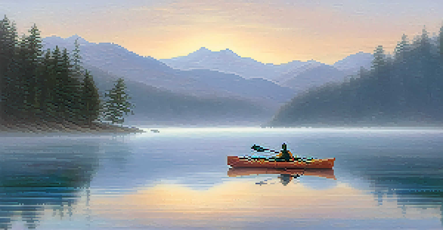A kayak on a calm lake at dawn, with mist rising and mountains reflected in the water.