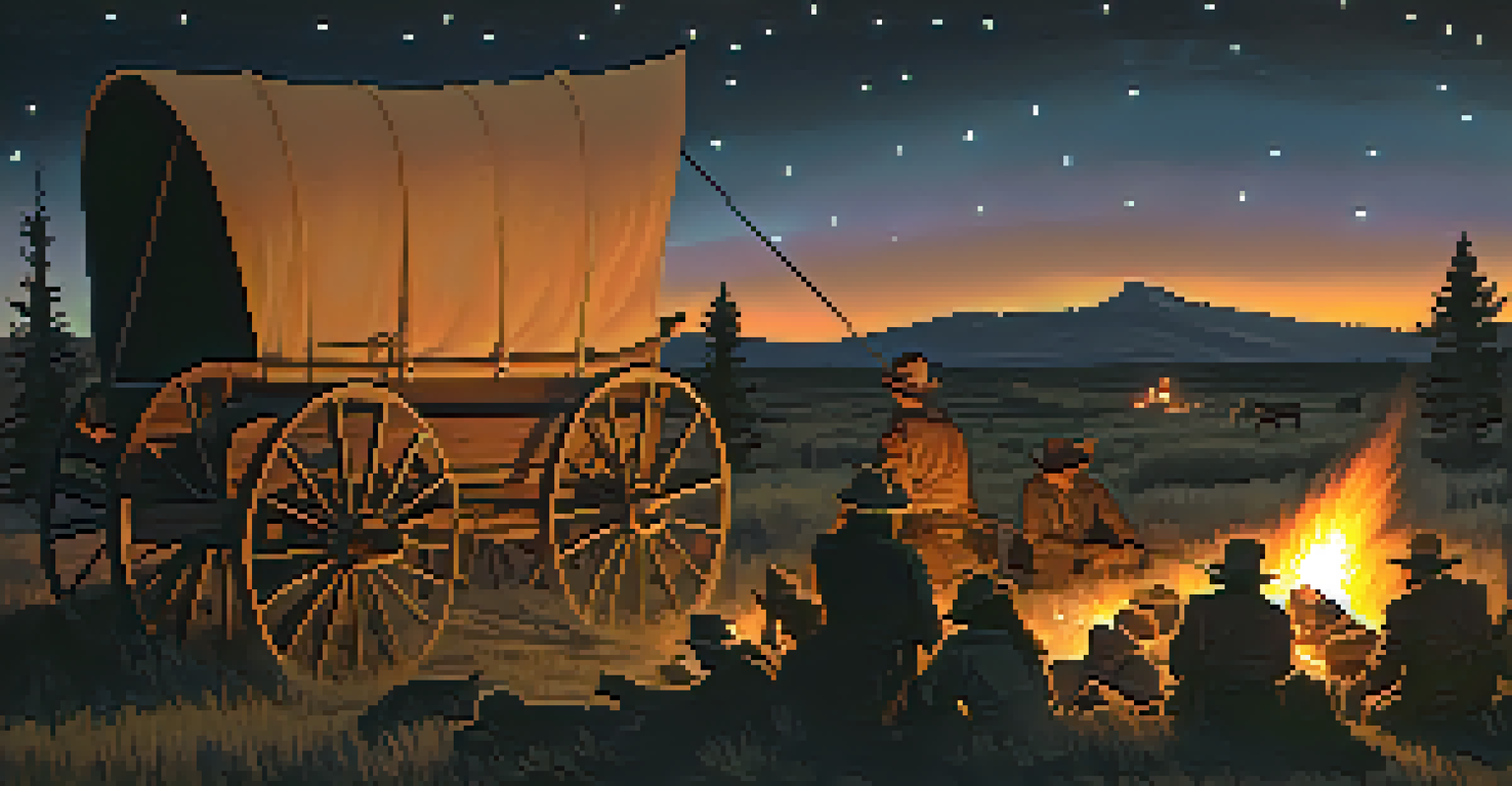 Pioneers sharing stories around a campfire on the Oregon Trail at dusk.
