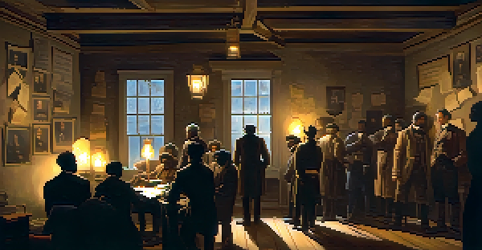 A group of abolitionists in a safe house planning an escape route for enslaved individuals, illuminated by lantern light and surrounded by maps and photographs.