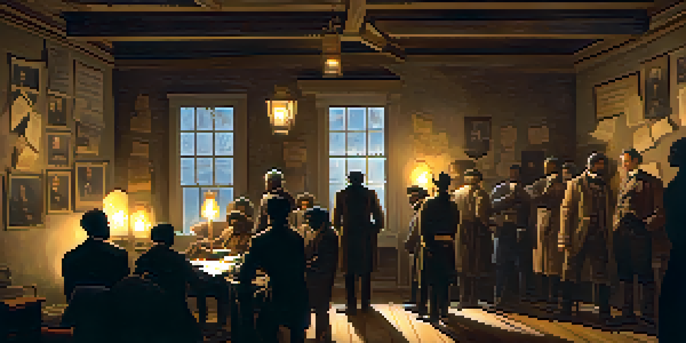 A group of abolitionists in a safe house planning an escape route for enslaved individuals, illuminated by lantern light and surrounded by maps and photographs.