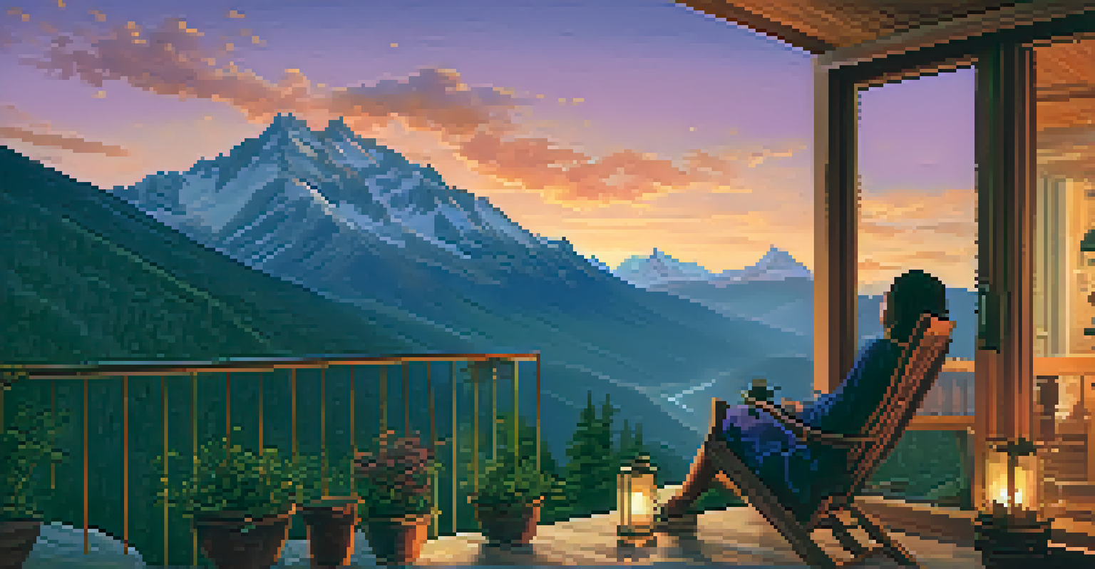 A mountain retreat at sunset with a person enjoying tea on a balcony.