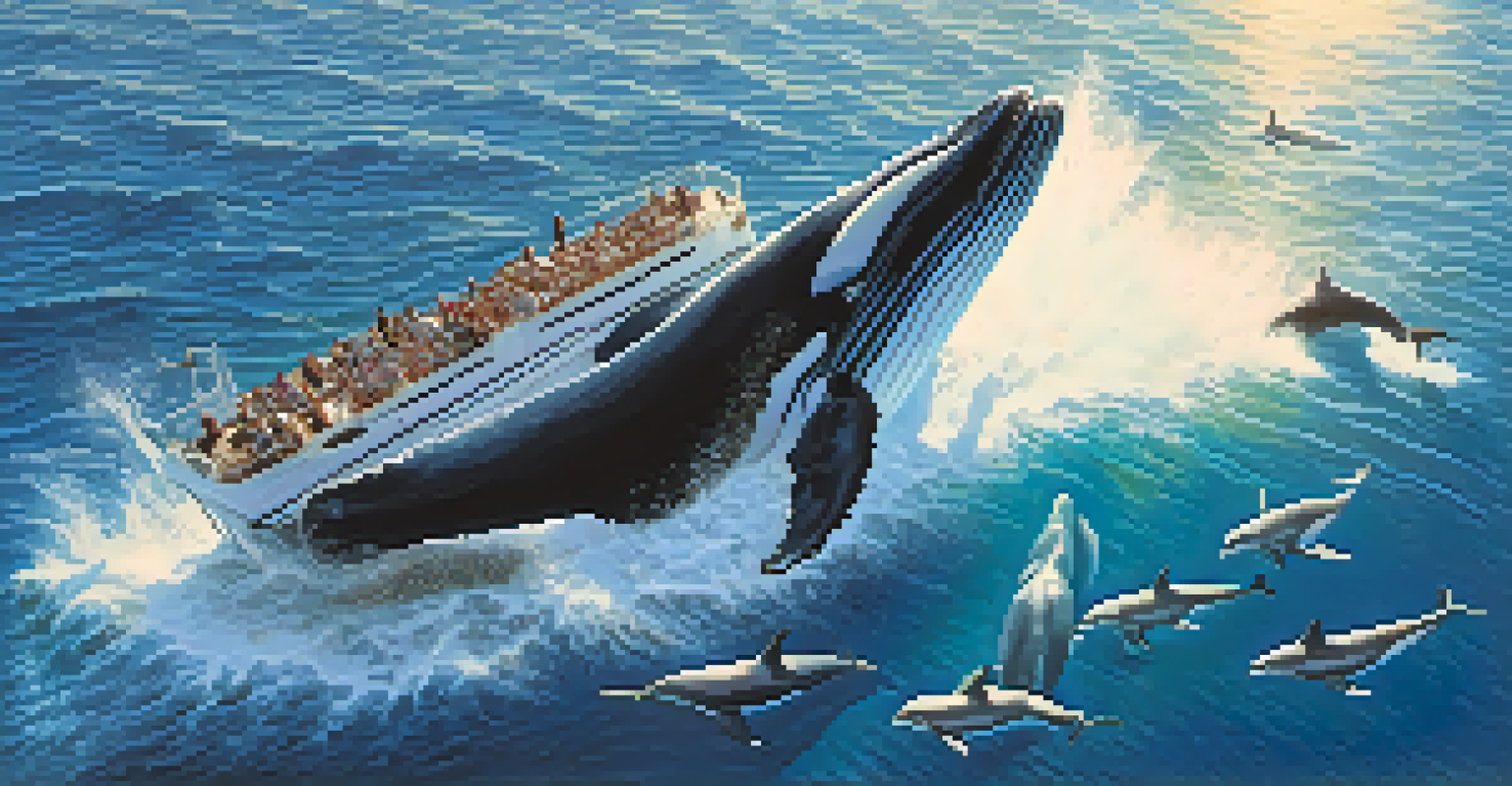 An aerial view of a whale watching boat with dolphins jumping around it, showcasing the excitement of marine life.