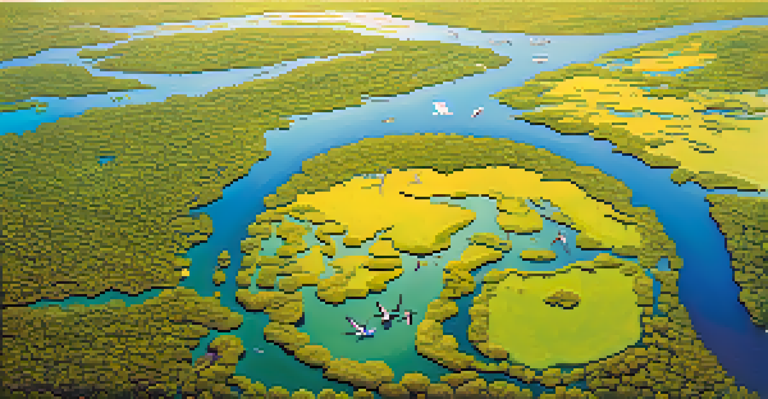 Aerial view of Everglades National Park with wetlands, an alligator, and birds in flight.