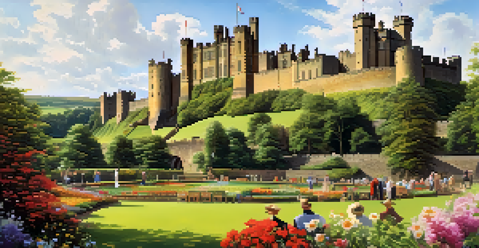 Alnwick Castle with its majestic architecture and colorful gardens, featuring visitors participating in broomstick training on a sunny day.