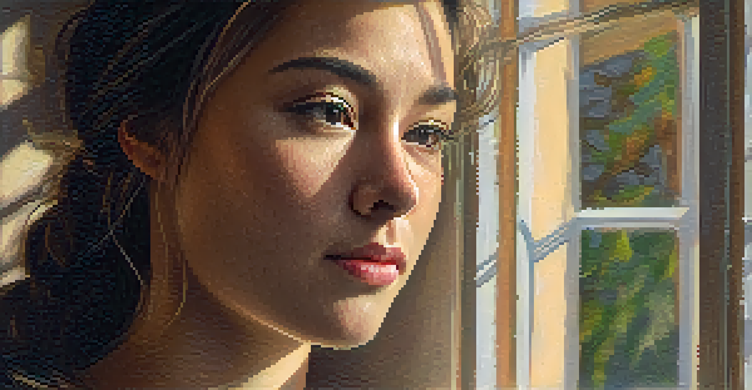 A close-up portrait of a young woman illuminated by soft natural light, with a blurred indoor background.