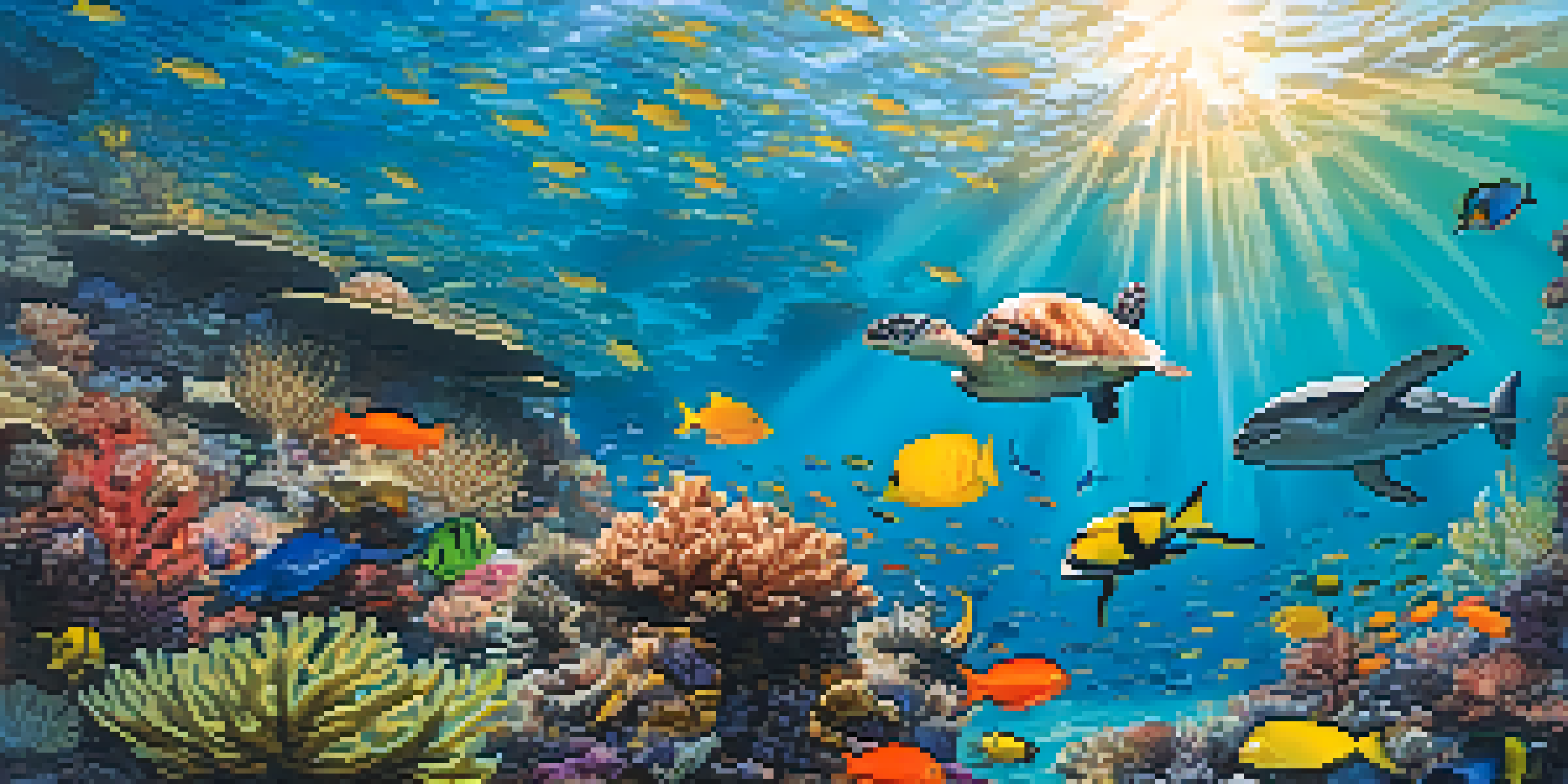 An underwater view of a colorful coral reef filled with various fish and a sea turtle, with sunlight filtering through the water.