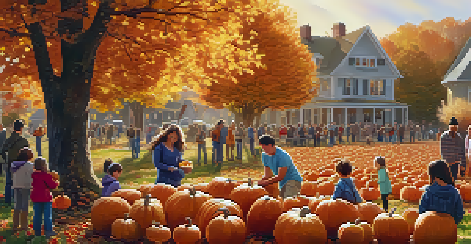 A family enjoying an autumn harvest festival, picking pumpkins in a colorful orchard.