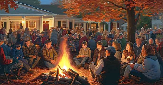 A diverse group of people storytelling around a bonfire at a community event, with historical artifacts in the background and autumn leaves falling.