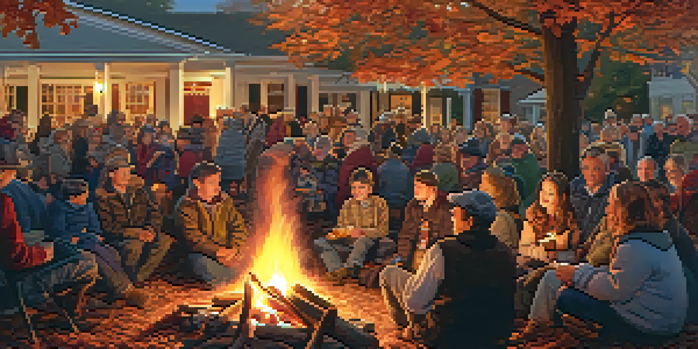 A diverse group of people storytelling around a bonfire at a community event, with historical artifacts in the background and autumn leaves falling.