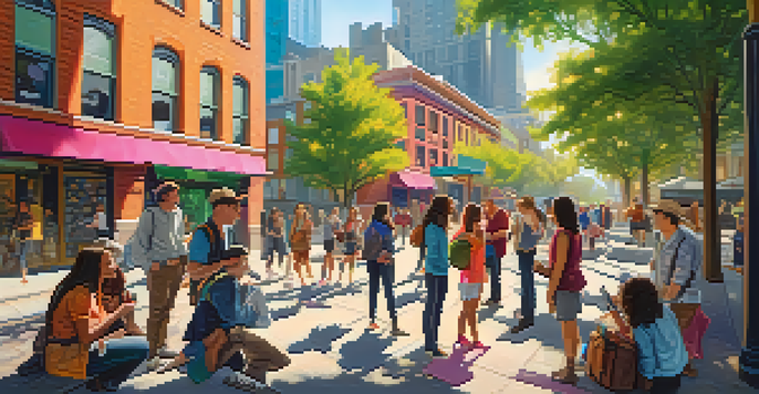 A group of diverse individuals participating in a scavenger hunt in an urban area, surrounded by street art and landmarks, with sunlight shining through trees.