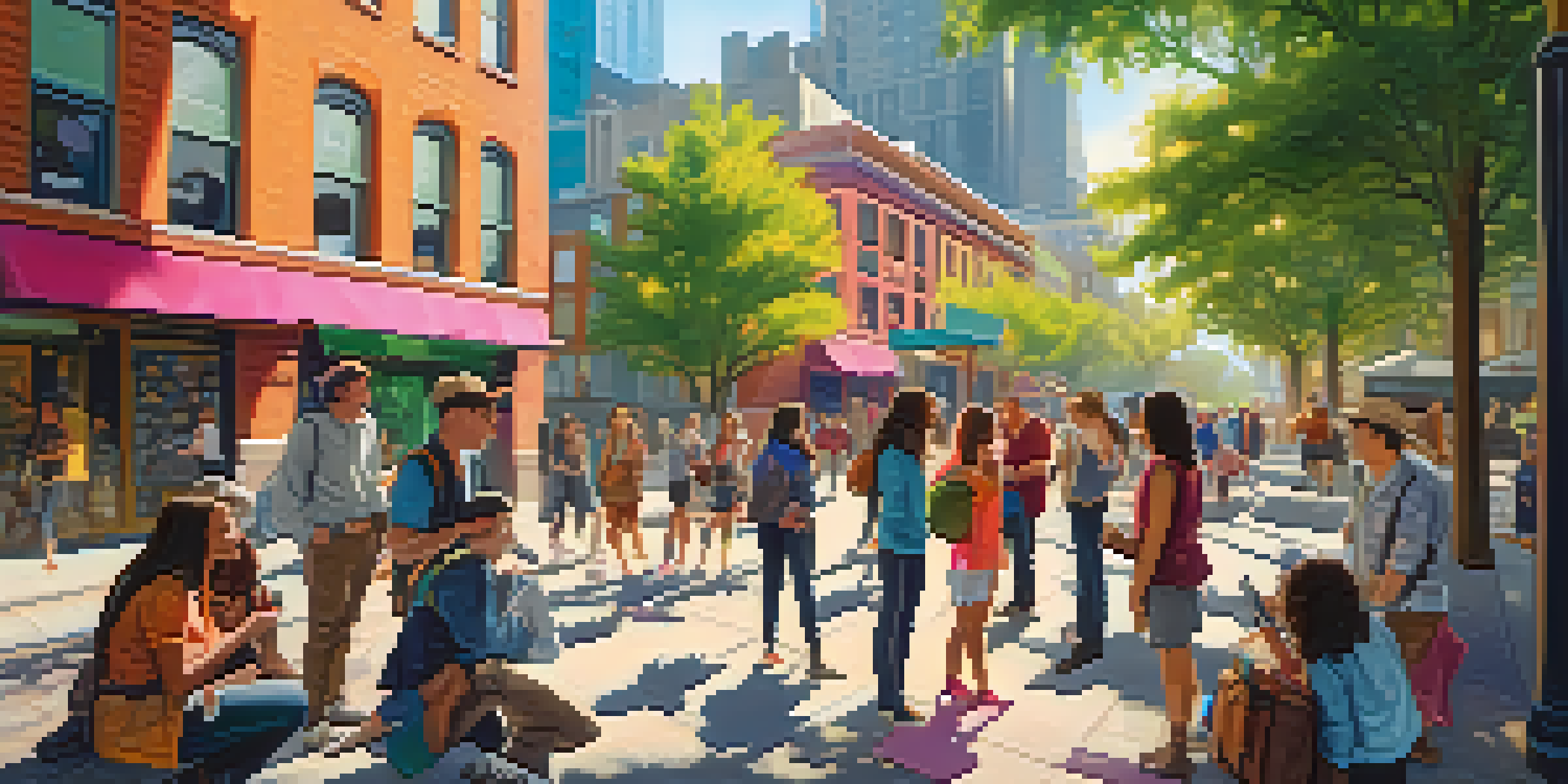 A group of diverse individuals participating in a scavenger hunt in an urban area, surrounded by street art and landmarks, with sunlight shining through trees.