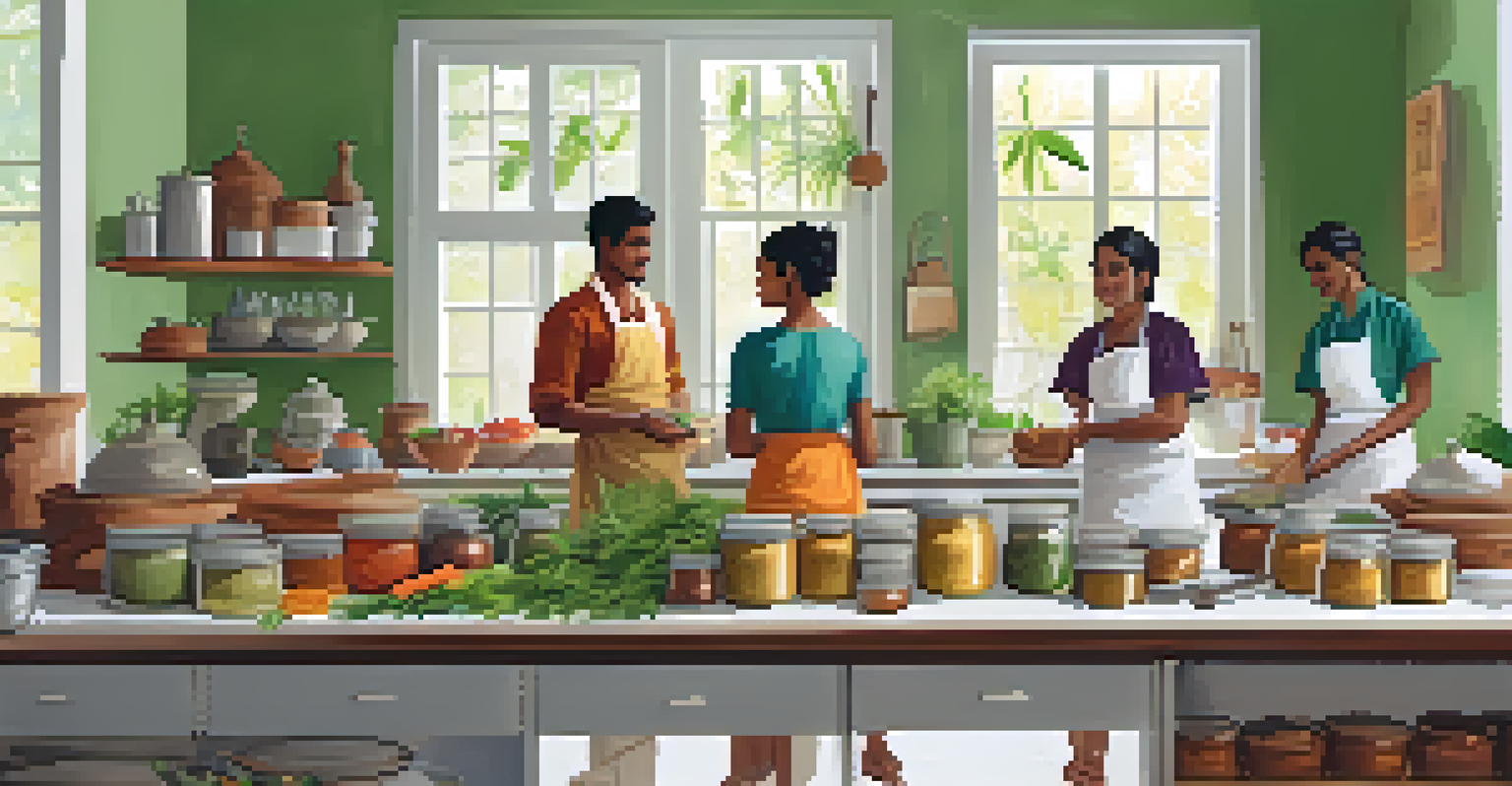 A bright kitchen where participants are engaged in a Southern Indian cooking class, preparing dishes with fresh local ingredients.