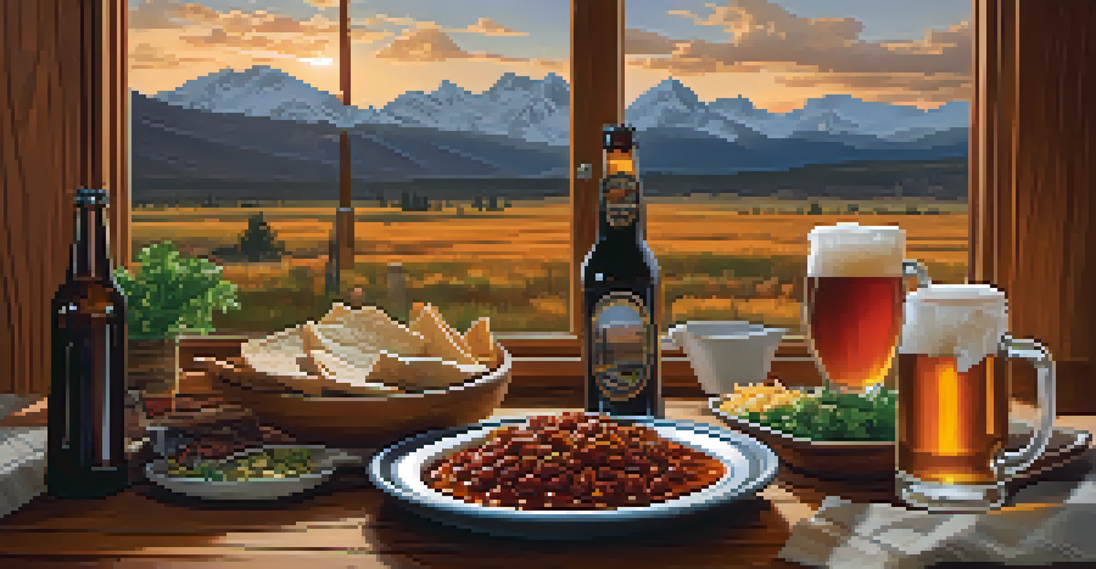 A rustic dining table in the Rocky Mountains with bison chili and craft beer, overlooking a mountain view.