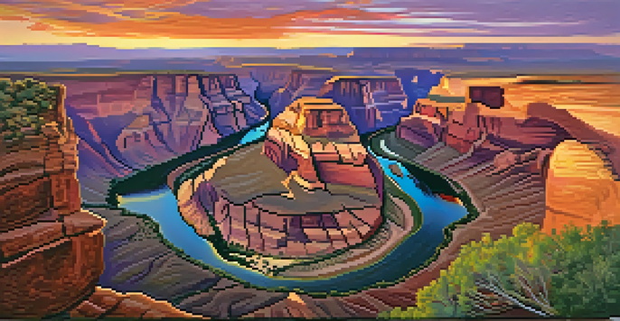 A panoramic view of the Grand Canyon at sunset, with vibrant rock formations and the Colorado River winding through the canyon.