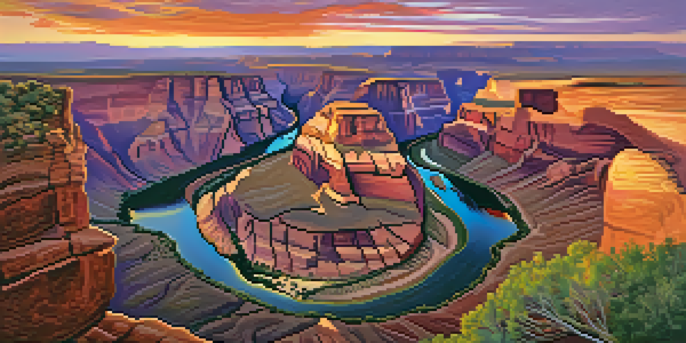 A panoramic view of the Grand Canyon at sunset, with vibrant rock formations and the Colorado River winding through the canyon.