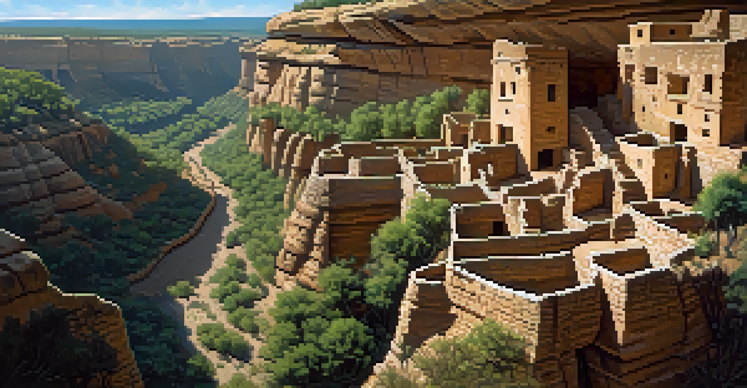 An aerial view of ancient cliff dwellings in Mesa Verde National Park, surrounded by greenery and rugged cliffs under sunlight.