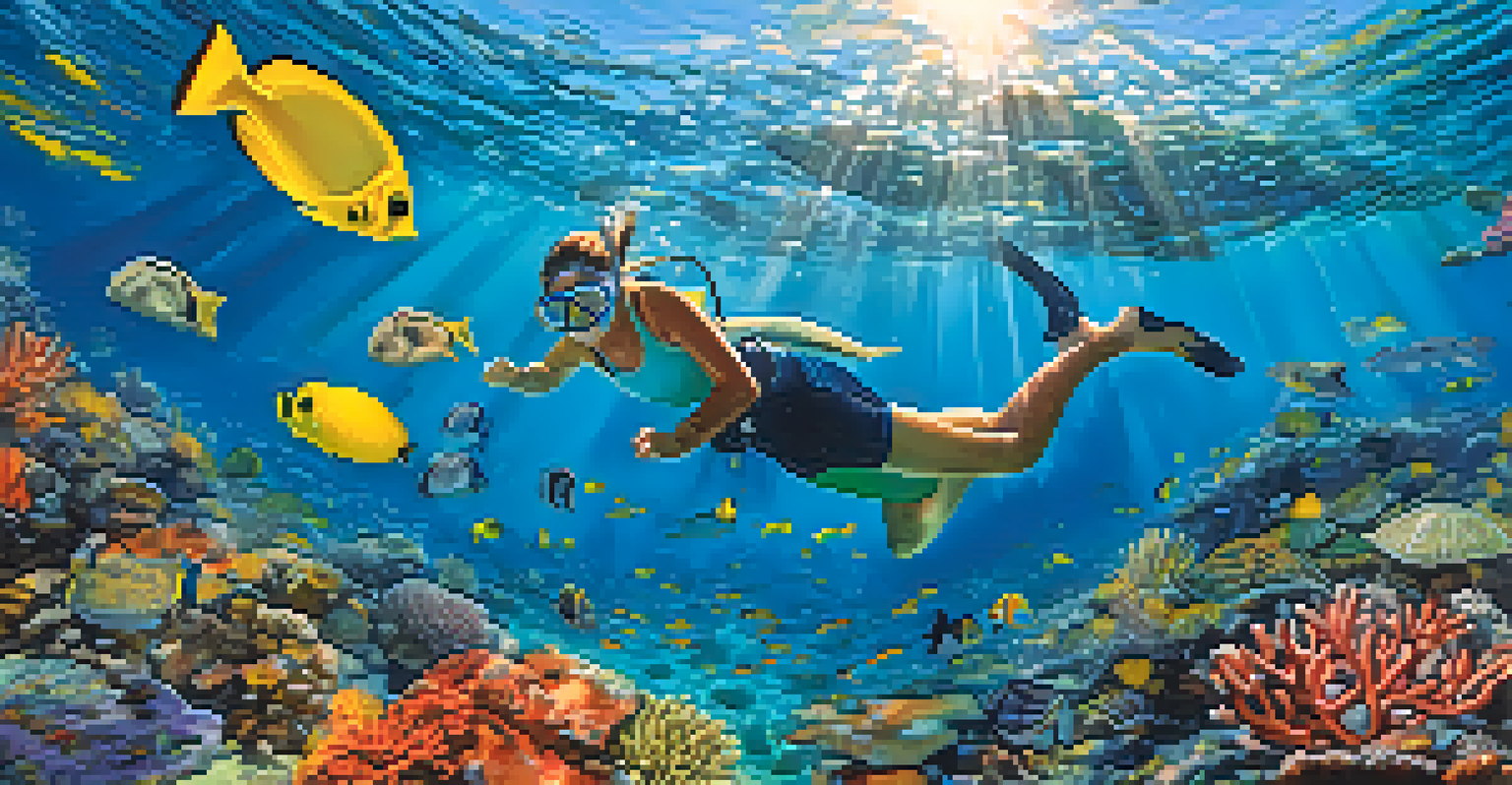 A family snorkeling underwater among colorful coral and fish, enjoying their adventure.