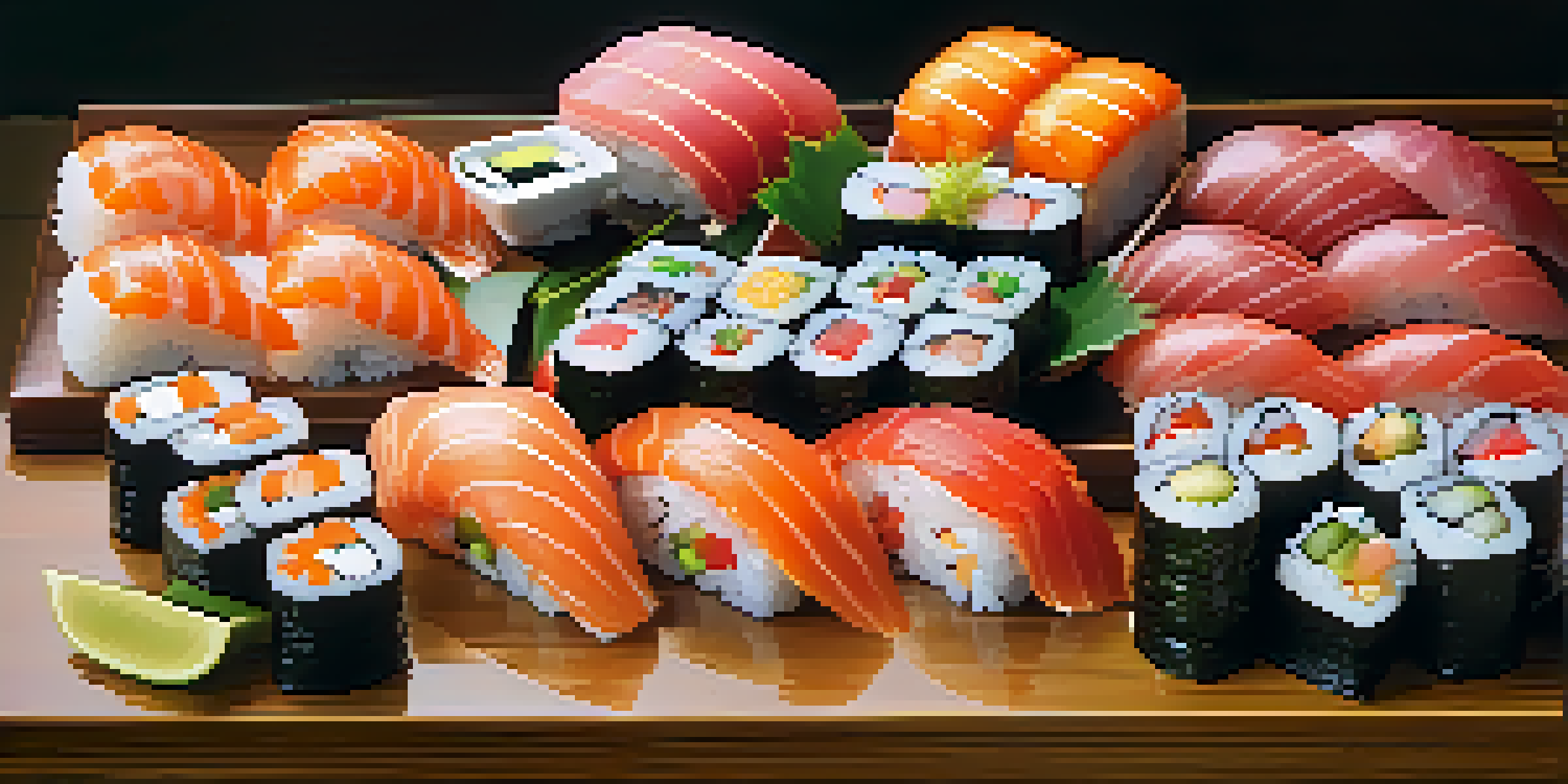 A colorful sushi platter featuring various types of sushi on a wooden board, highlighted by warm lighting.