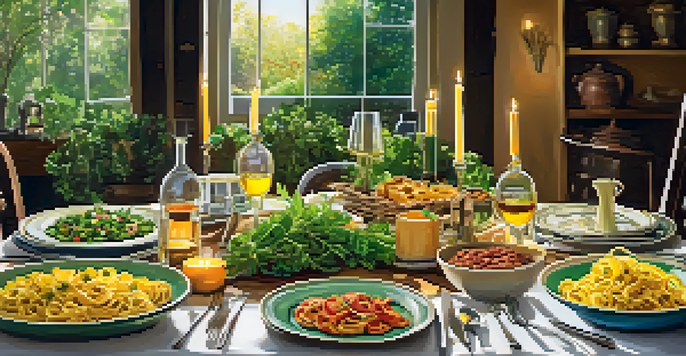 An Italian dinner table set for a family gathering, showcasing colorful plates of pasta, salad, and rustic bread, illuminated by warm candlelight.