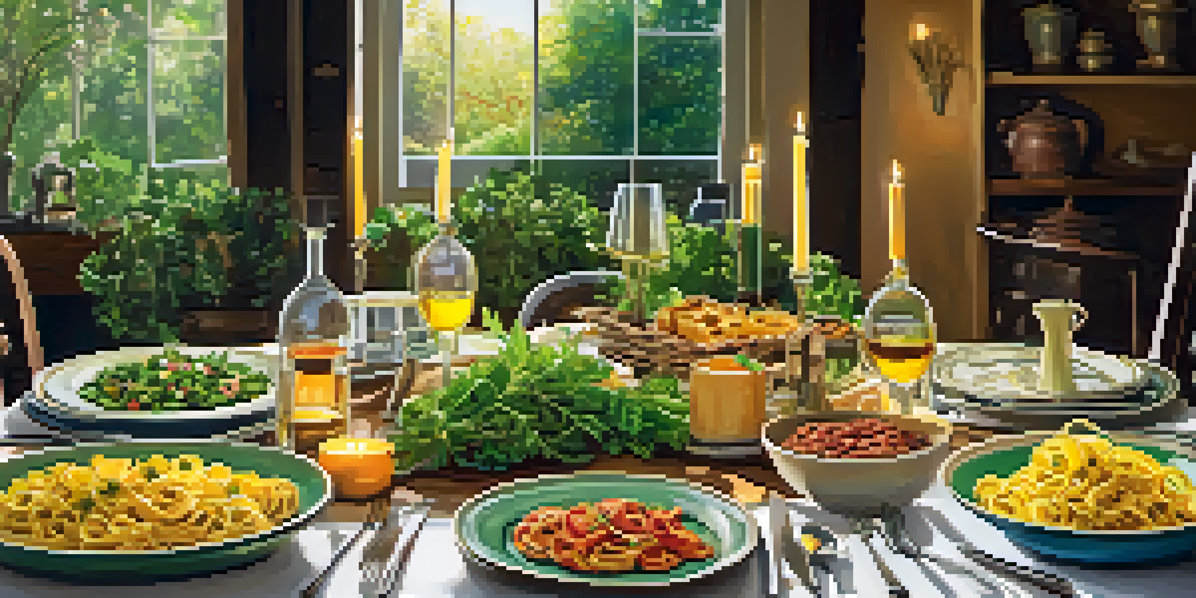 An Italian dinner table set for a family gathering, showcasing colorful plates of pasta, salad, and rustic bread, illuminated by warm candlelight.